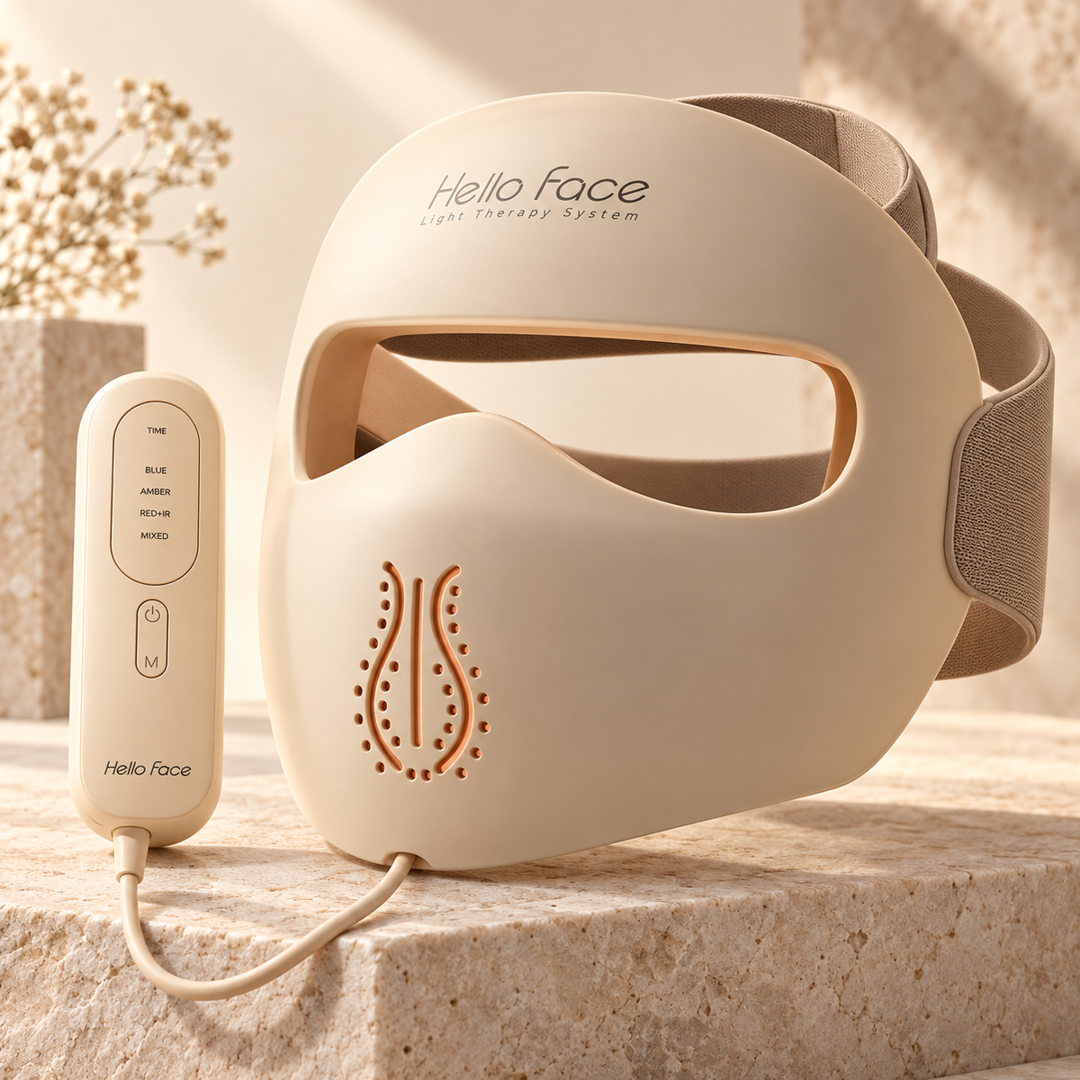 Hello Face M300 cream LED mask with matching controller and adjustable strap on a stone surface.