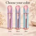 Pink, Silver and Blue eyebrow trimmer color options with rose-gold trim.
