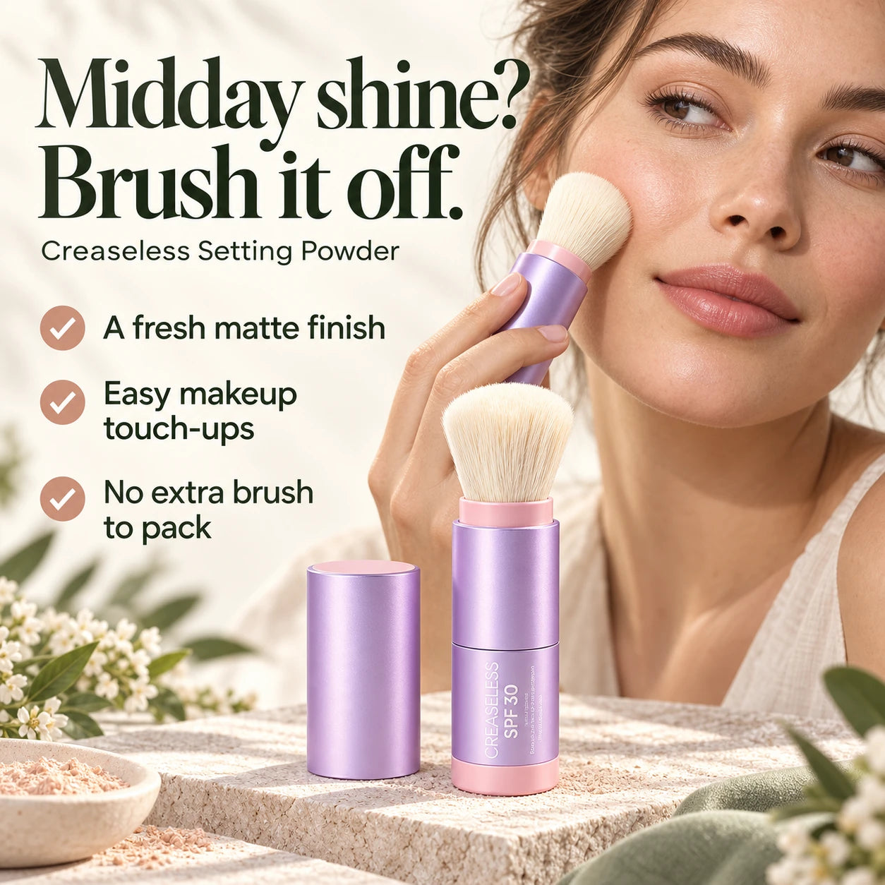 Midday shine? Brush it off. Takes down the look of shine. Quick touch-ups over your makeup. No extra brush to carry. Creaseless Setting Powder.