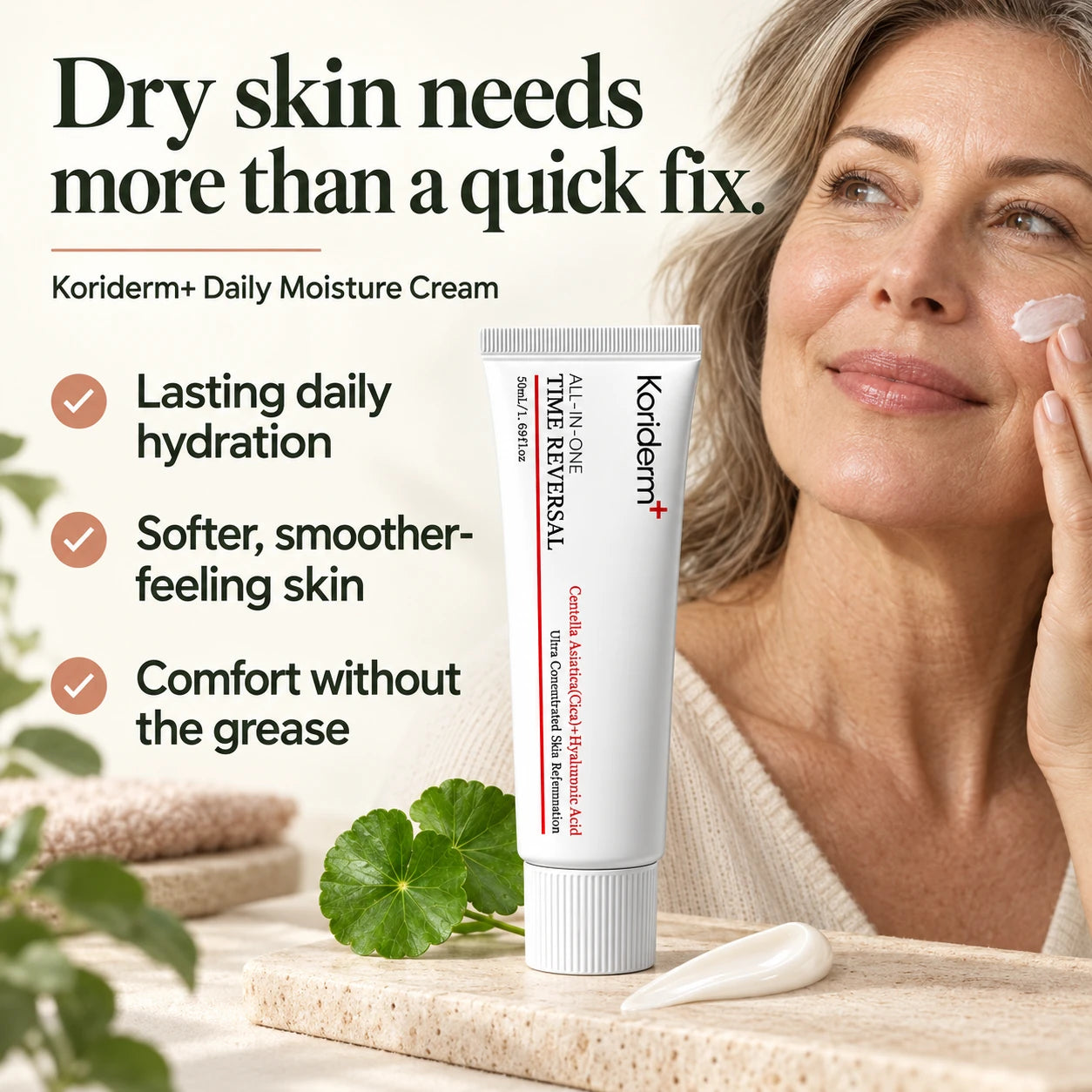 Dry skin needs more than a quick fix. Daily hydration for dry-feeling skin. A softer, smoother-looking finish. Comfort without a greasy layer. Koriderm+ Daily Moisture Cream.