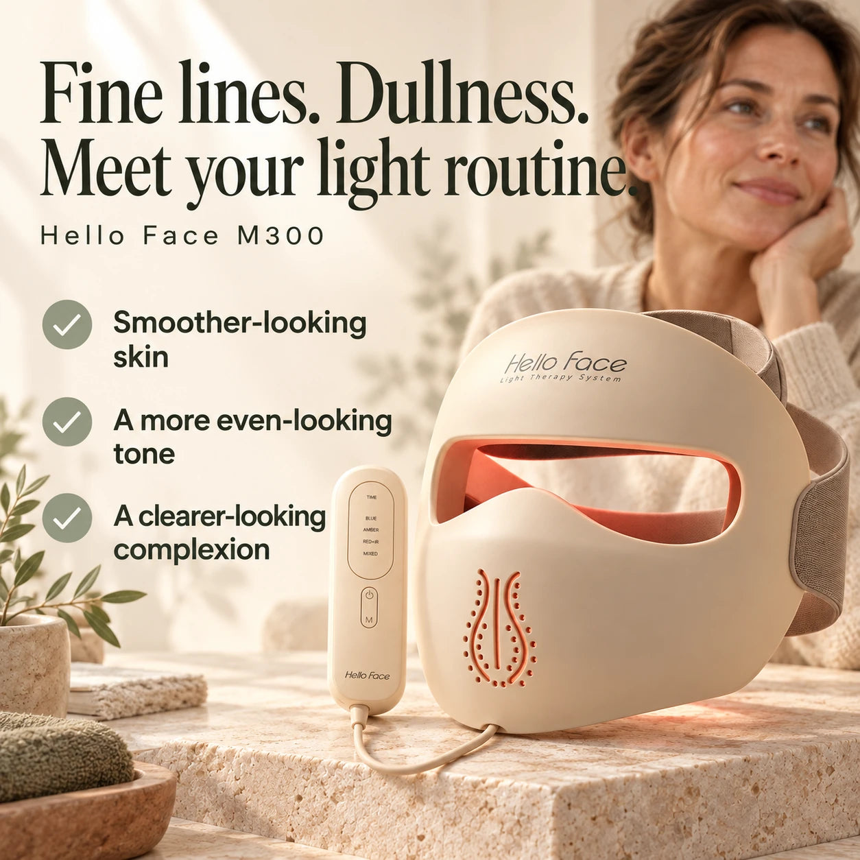Fine lines. Dullness. Meet your light routine. Helps soften the look of fine lines. Supports a more even-looking tone. Light care for a clearer-looking complexion. Hello Face M300.