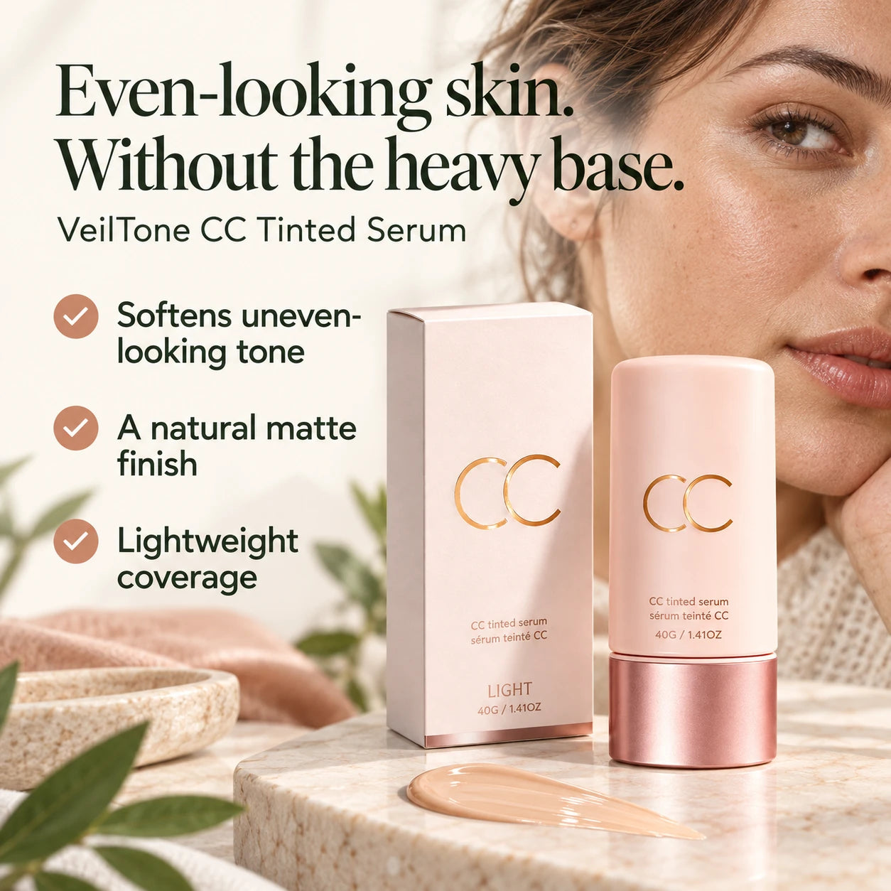 Even-looking skin. Without the heavy base. Softens uneven-looking tone. Natural matte finish. Lightweight everyday coverage. VeilTone CC Tinted Serum.