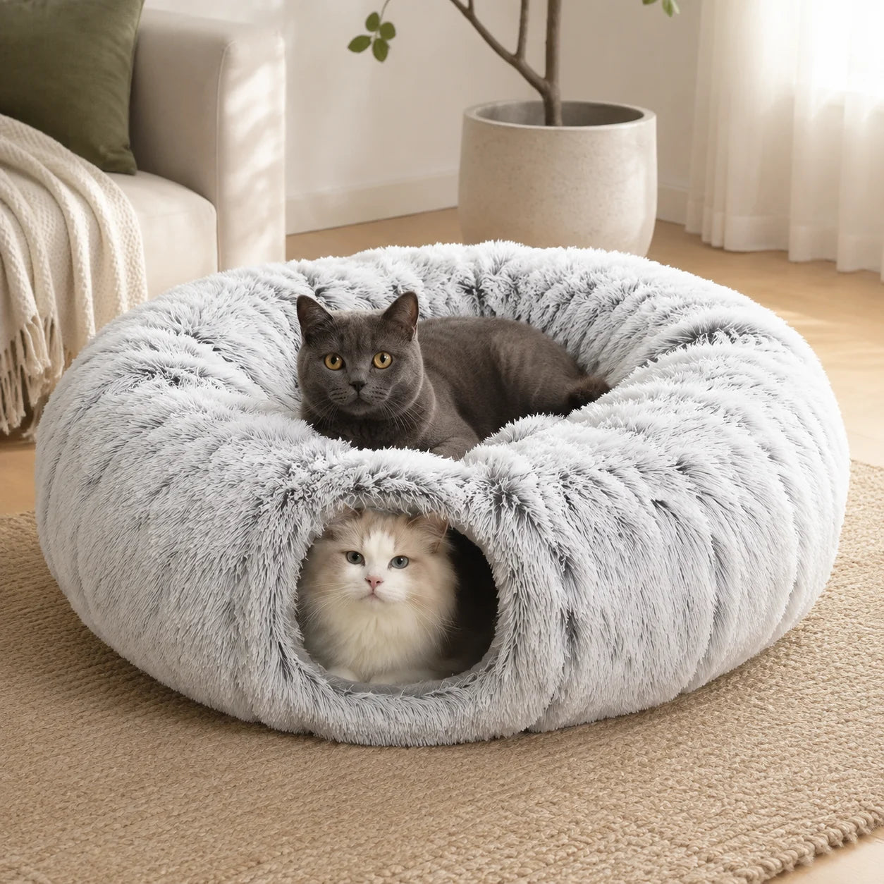 Two cats enjoying the SoftCareCo plush tunnel bed