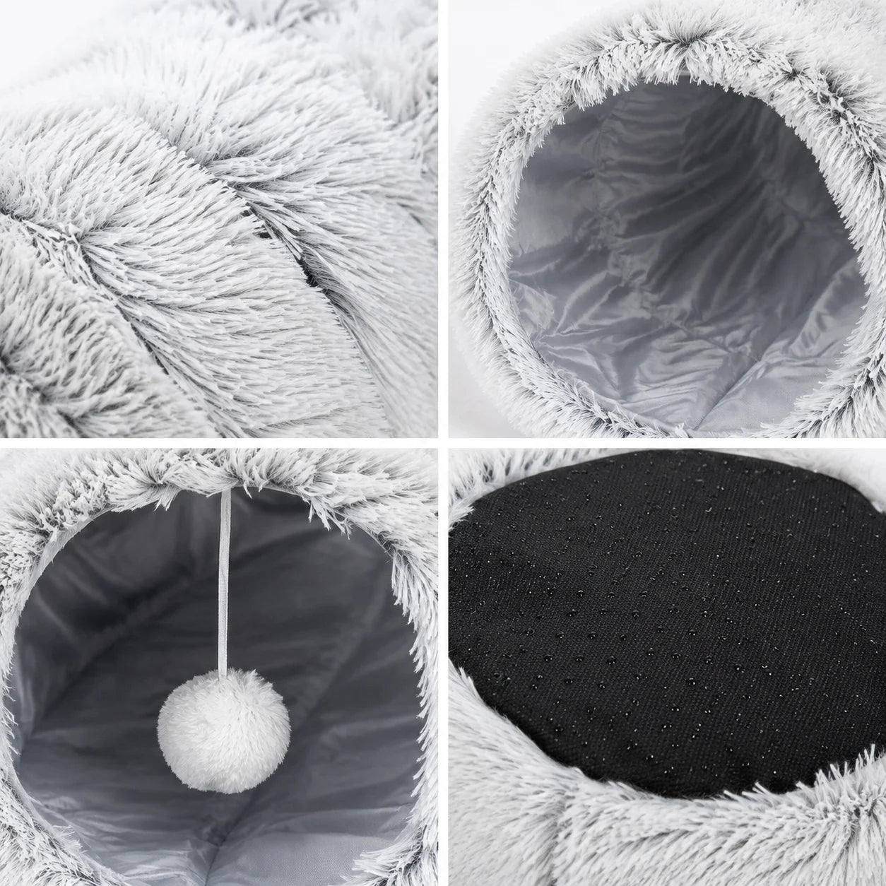 Close-up views of the plush, lining, hanging ball and underside